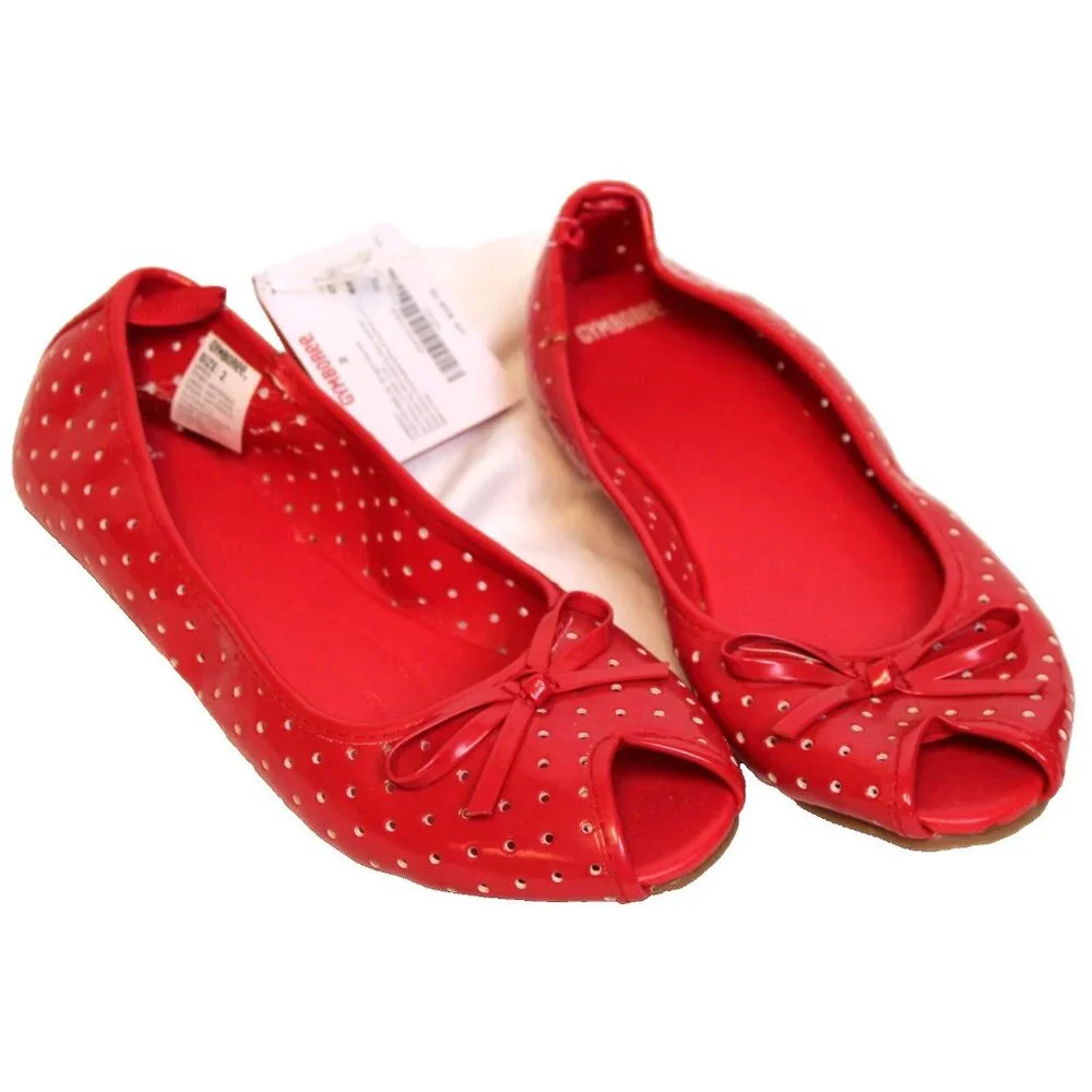 2010 Gymboree Valentine's Day Dress Shoes sz 2 Peep Toe flats Dots Bows Slip on